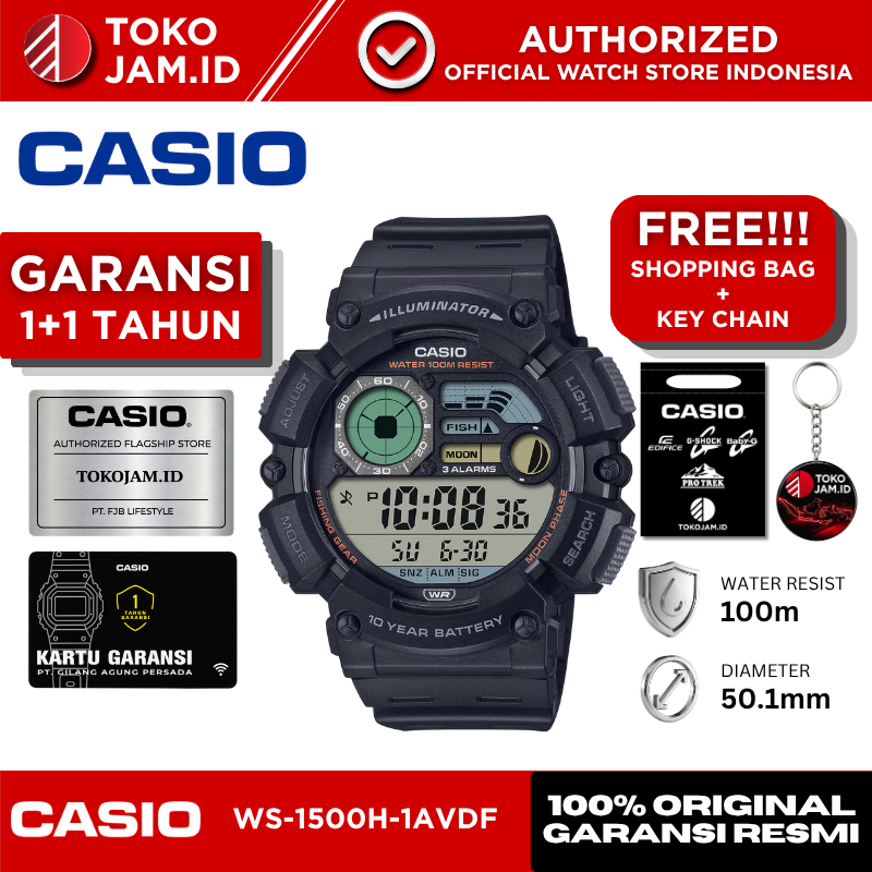 Jam Tangan Casio Pria WS-1500H-1AVDF Original Digital Hitam Fishing Gear Moon Data Sport WR 100M