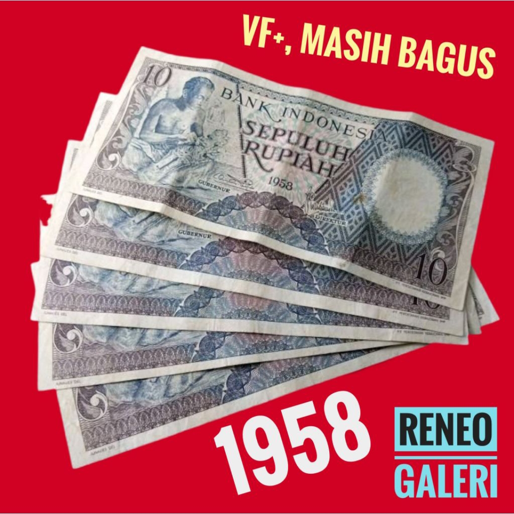 VF+ Asli 10 Rupiah Tahun 1958 Rp seri pekerja tangan uang kertas kuno Indonesia duit jadul lawas lam