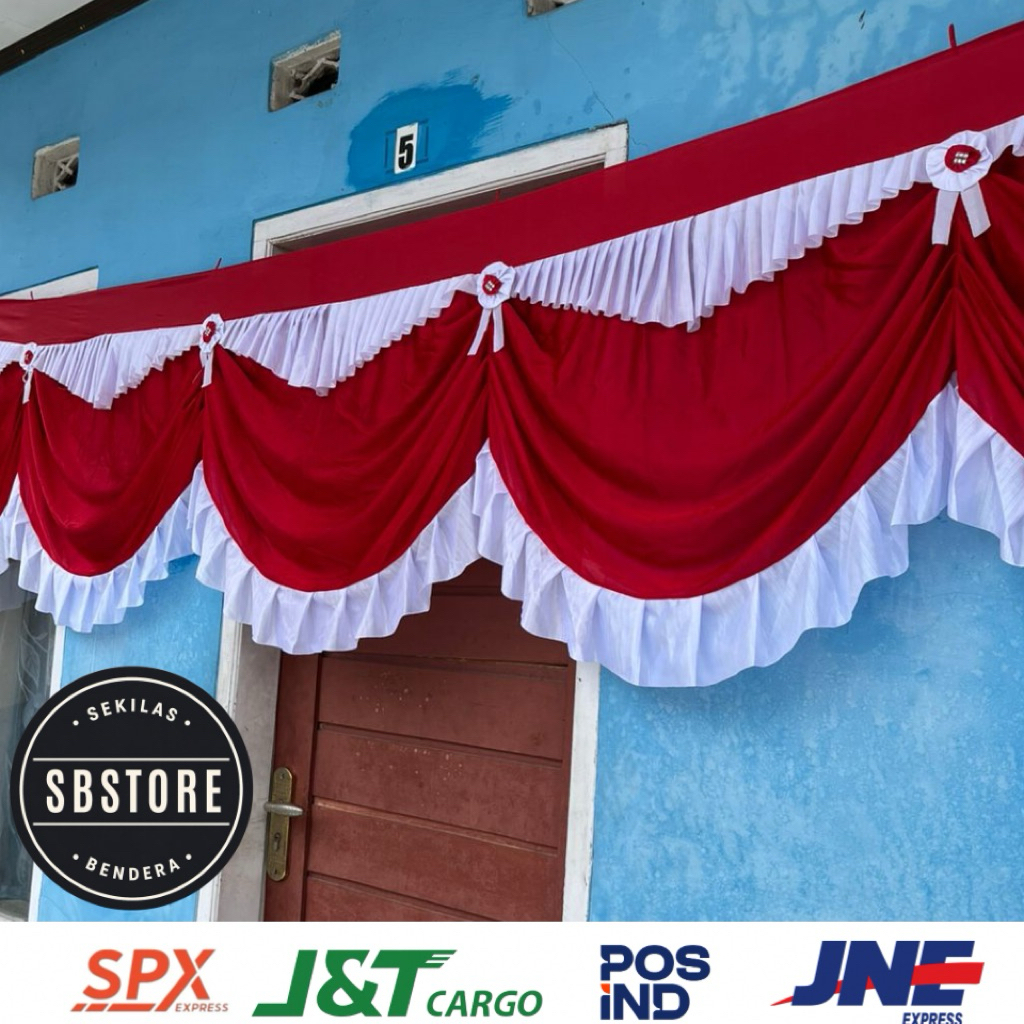 Background Gelombang Merah Putih Kain Veles dan Satin Abutai Panjang 8 Meter 10 Gelombang