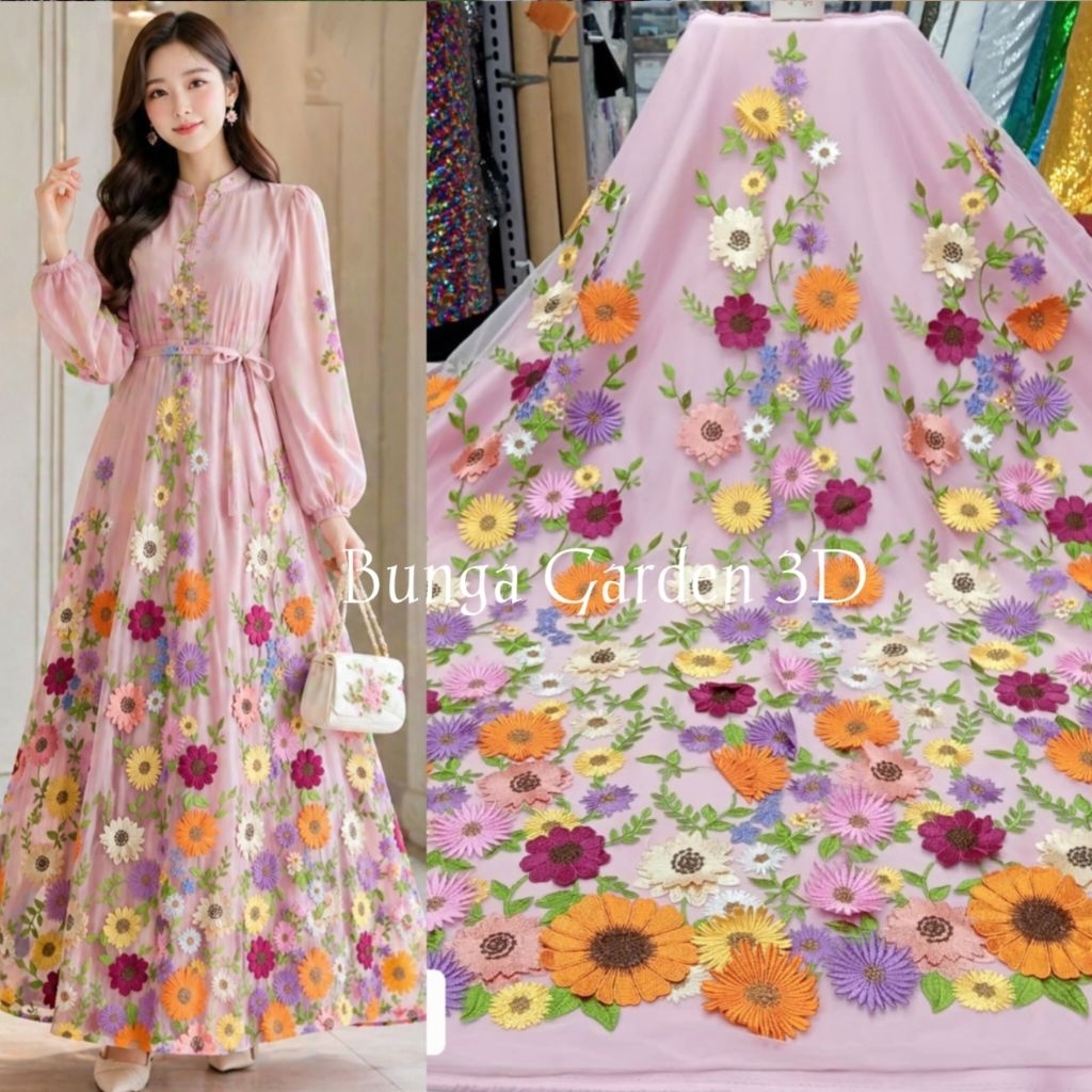 Kain bahan tille garden 3D korea premium / Kain tille garden 3D bunga timbul terbaru