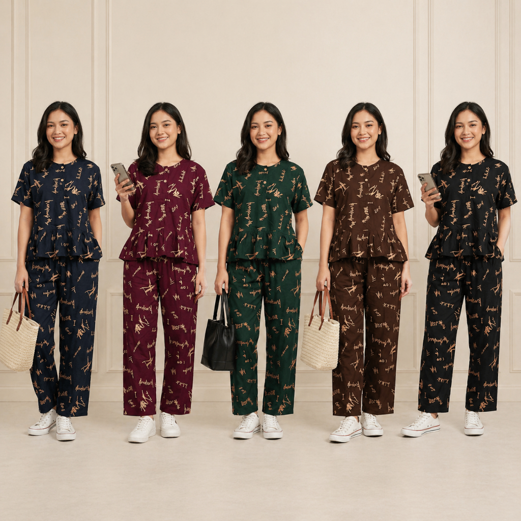 Setelan Wanita Motif Premium Peplum – Baju Santai Adem & Modis Fashion Casual Nyaman Dipakai Sehari-