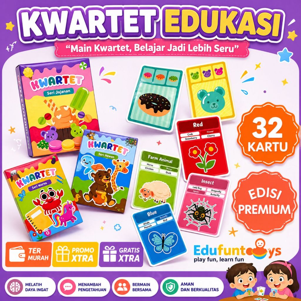 Kartu Edukasi Kwartet Belajar Tema – Hewan, Warna, Jajanan Anak TK & PAUD