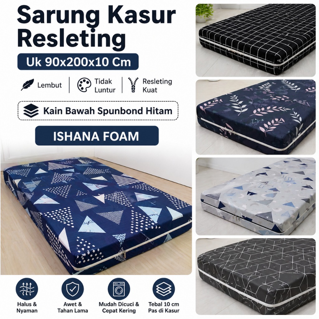 Sarung Kasur Resleting Uk 90x200x10 / 90x180x10 Bahan Tidak Luntur (Bawah Spunbond Hitam)