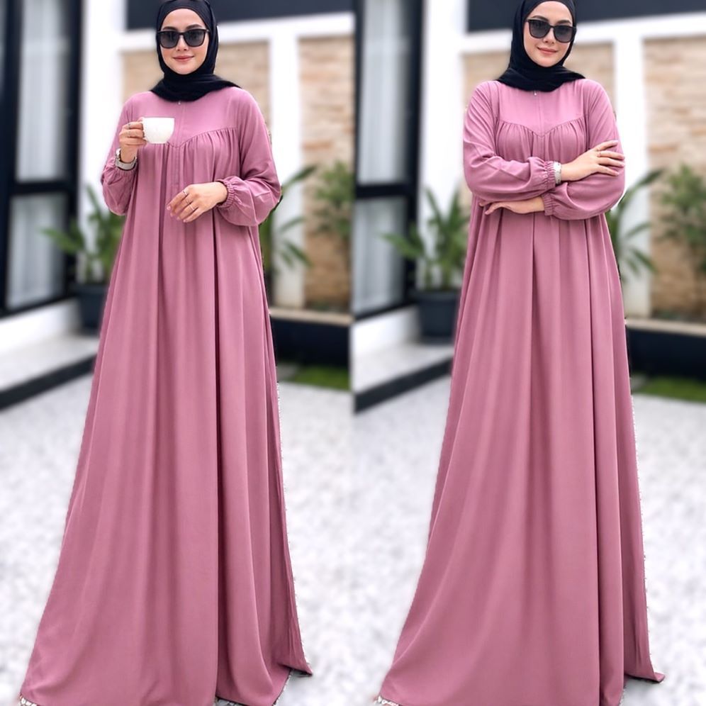 GAMIS MUSLIMAH Panjang Lengan Panjang Polos Warna Pink Muda Model Longgar Elegan