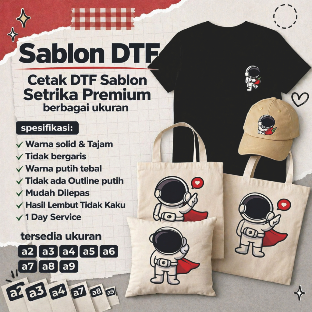 Sablon DTF Cetak DTF Sablon Setrika Variasi A2 A3