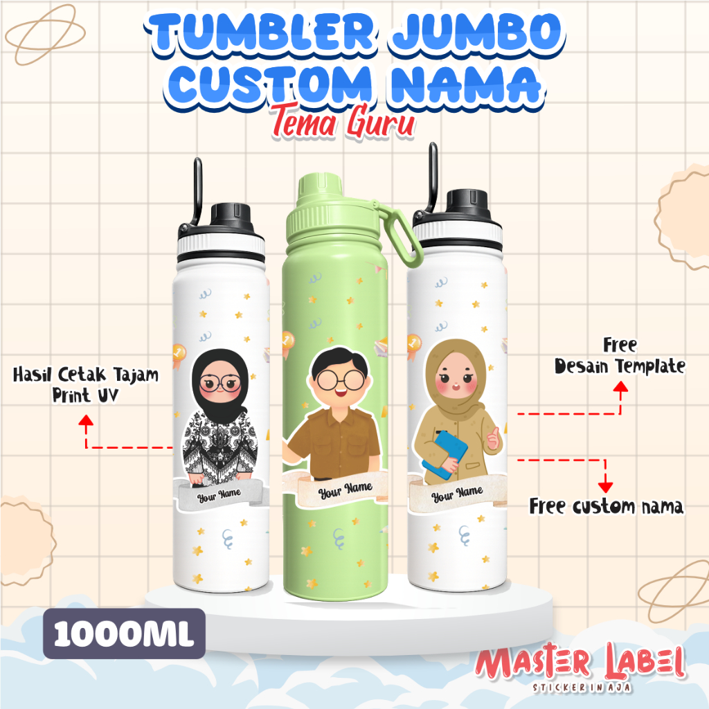 Tumbler Jumbo Custom Nama Tema Guru - Kado Souvenir Unik Lucu Sport Jumbo 1 Liter | Botol Minum Kado