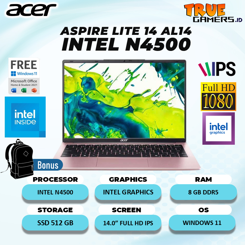 LAPTOP ACER ASPIRE LITE 14 AL14 N4500 RAM 8GB SSD 512GB 14.0FHD IPS WINDOWS + OFFICE 2024