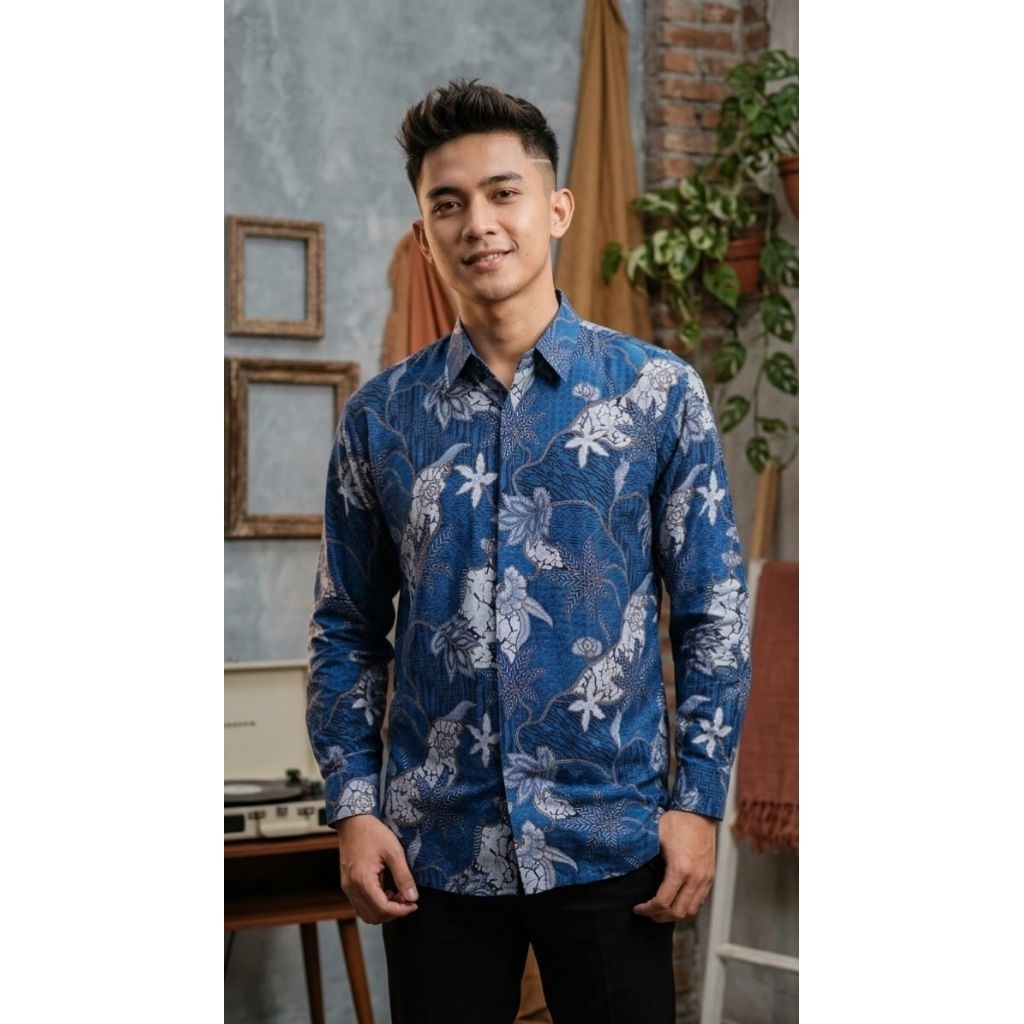 PANTJA BATIK SERAT JACQUARD MOTIF TANAMAN,Biru Elektrik#12121 KemejaBatikPremium Pria Lengan Panjang