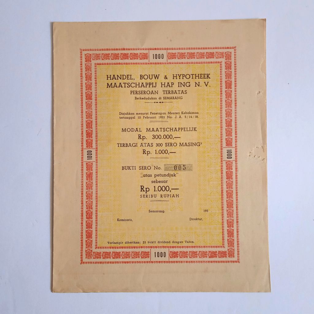 Antik Vintage Dokumen Lama Surat Obligasi HANDEL BOUW & HYPOTHEEK MAATSCHAPPIJ HAP ING N.V. Semarang