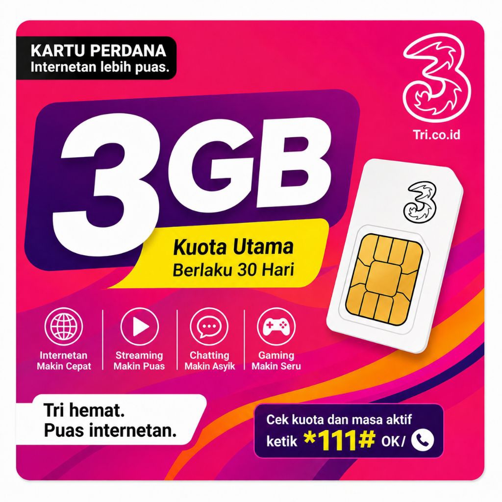 Kartu Perdana Tri 3GB siap pakai