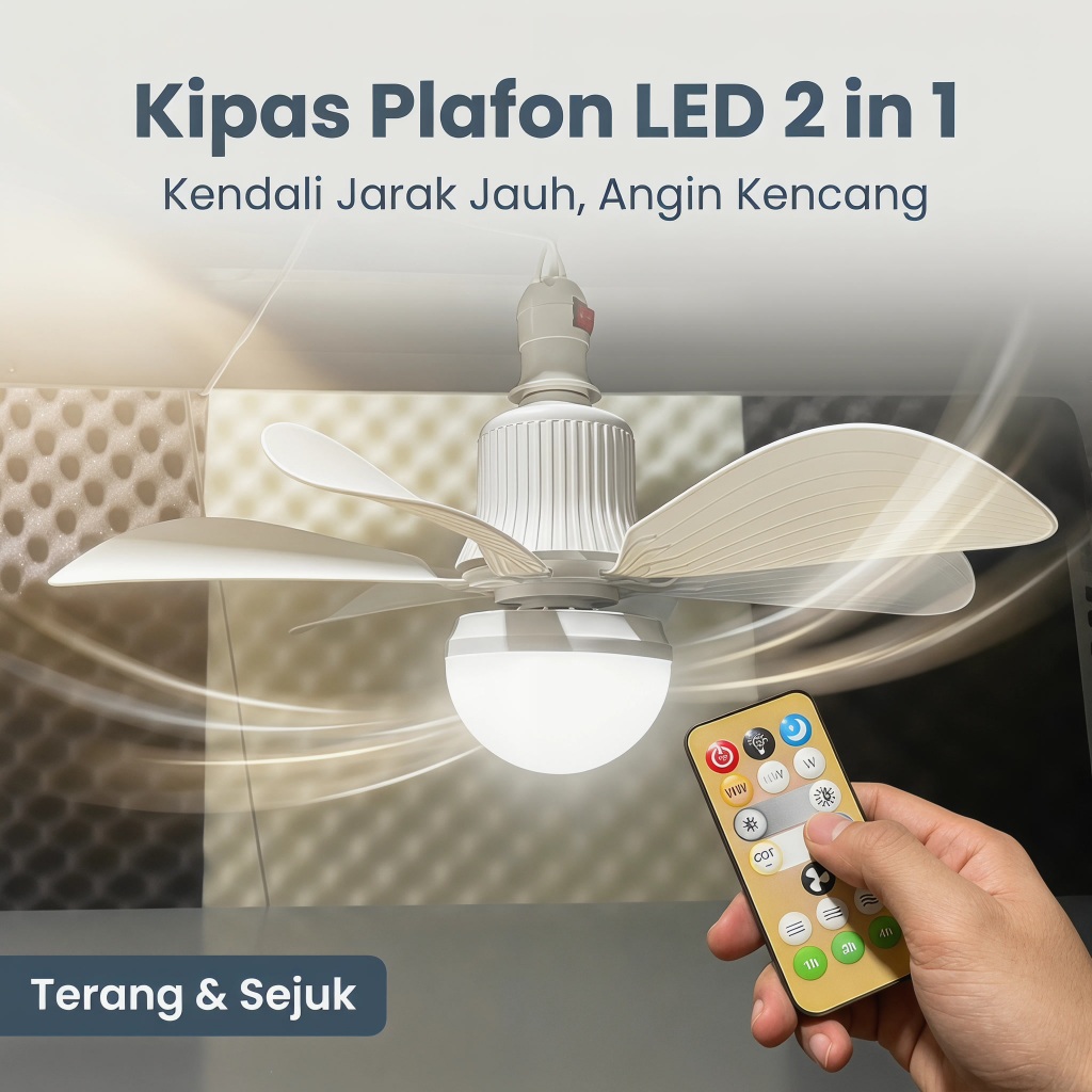 Kipas Plafon LED 2 in 1 SUMITECH dengan Remote Control, Kipas Angin Gantung + Lampu, 3 Kecepatan Ang