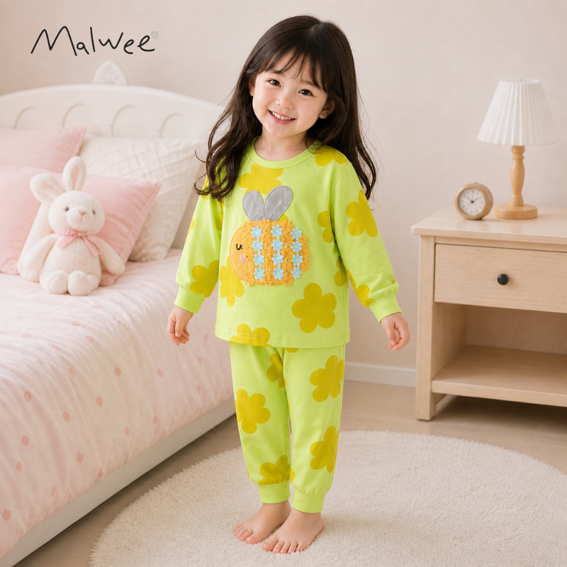 MALWEE Setelan Piyama Anak 1-6 tahun Baju Anak Bee Baju Tidur Panjang Perempuan Cotton Premium