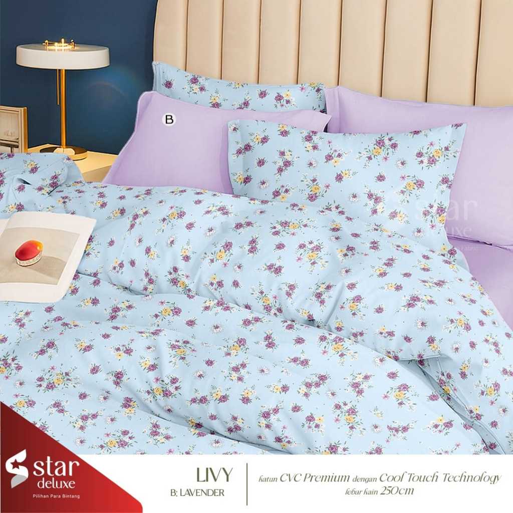 Sprei Katun Lokal STAR DELUXE Halus bunga ungu kuning dasar biru LIVY anak dewasa unisex, aesthetic 