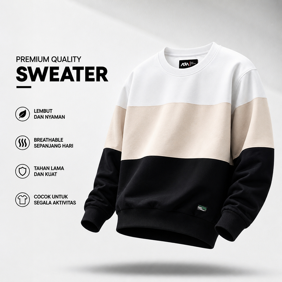 Nsa Ind Crewneck Three Colour Block Cream pria wanita