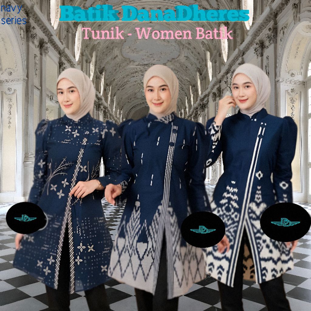 TERBARU BAJU ATASAN WANITA TUNIK BATIK WARNA BIRU NAVY SIZE M L XL XXL | BATIK WANITA SERAGAM KERJA 