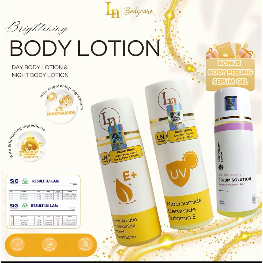LN body lotion kuning bonus peeling serum mencerahkan dan melembabkan