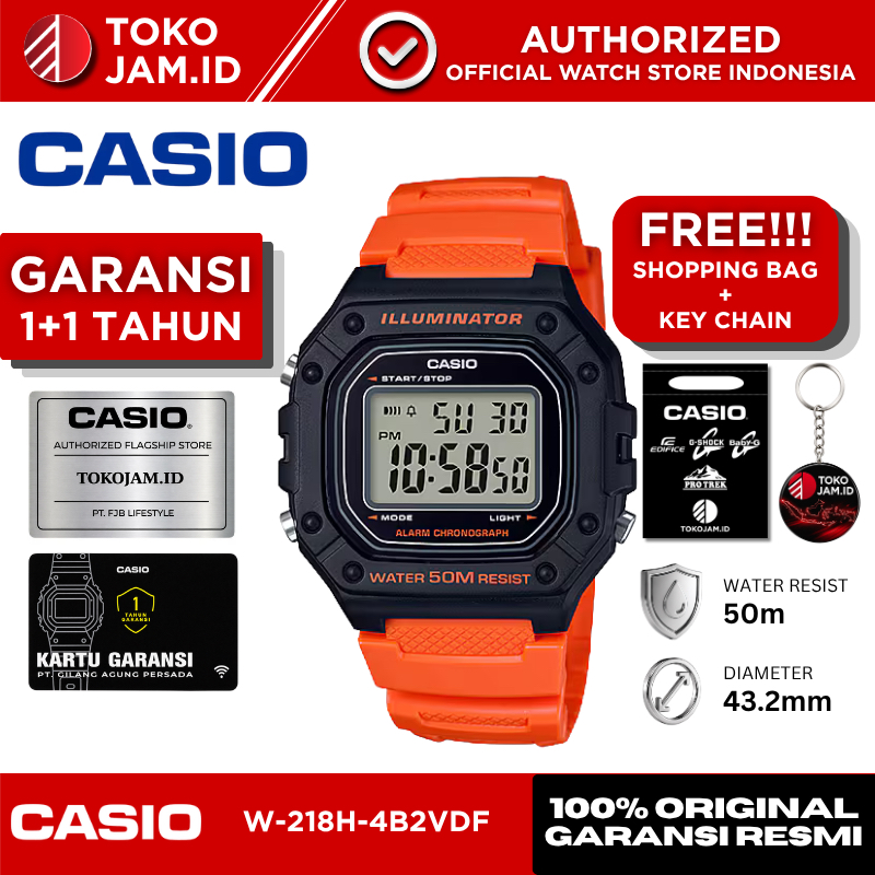 Jam Tangan Casio Pria W-218H-4B2VDF Original Digital Hitam Orange Sport Resin LED Alarm Stopwatch WR