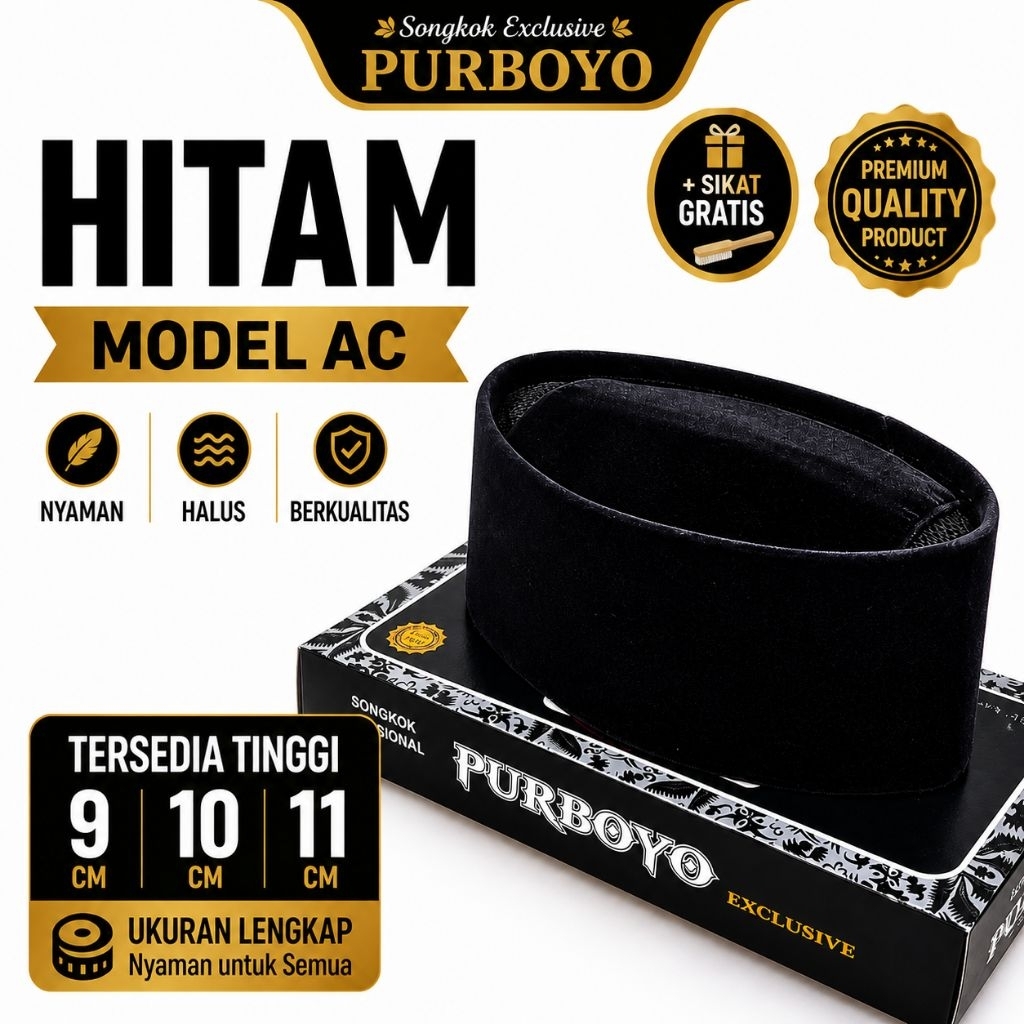 Peci Hitam Tinggi 9, 10, 11cm - Model AC Premium Purboyo | Bludru Halus - Pria Dewasa & Anak – Songk