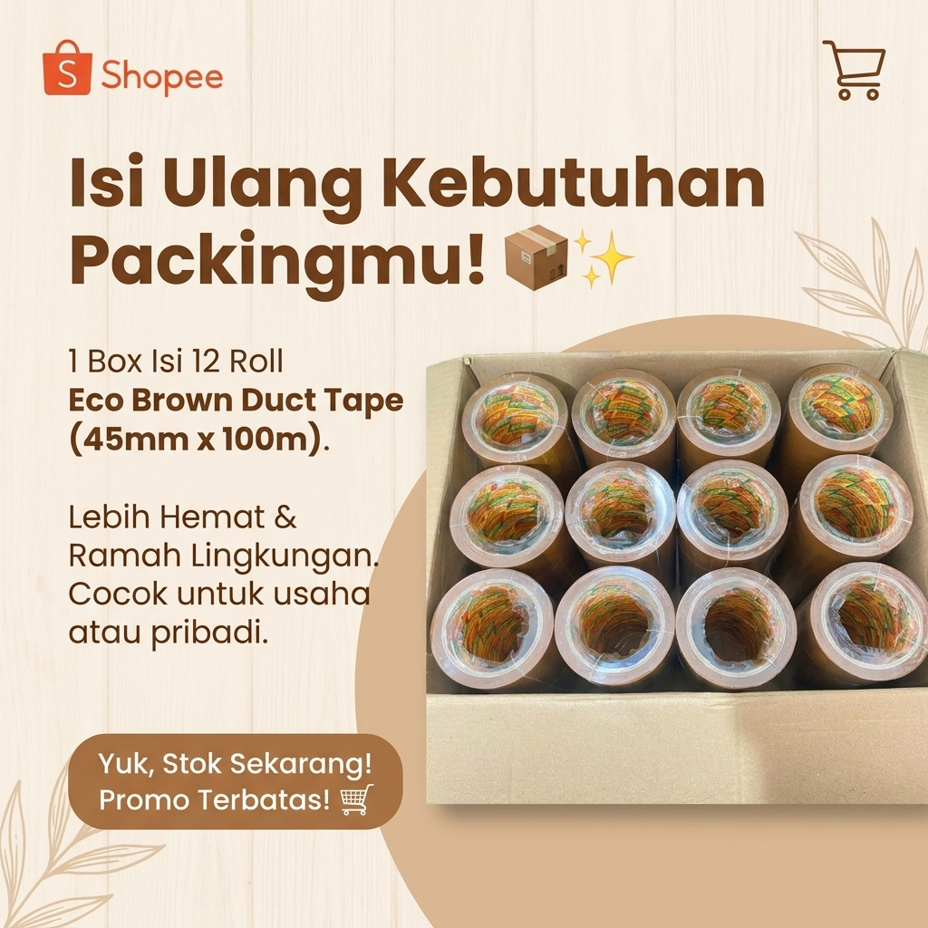 Lakban Coklat Eco 45x100 Yard 1 DUS - 12 Slop Tape Coklat Tua Tebal Lengkat Maksimal Solatip Packing