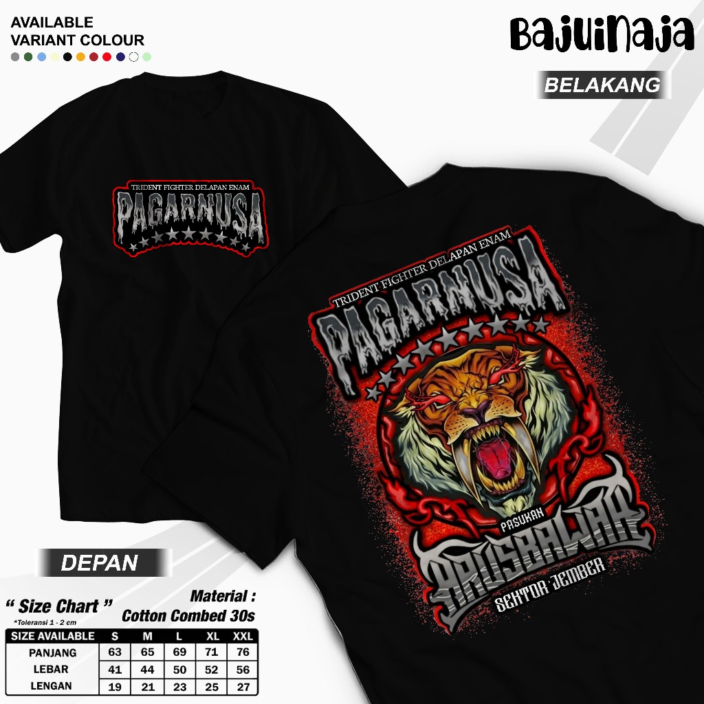 Kaos Hitam Pagarnusa Pasukan Arusbawah Desain Singa Taring Merah Lengan Pendek 30s