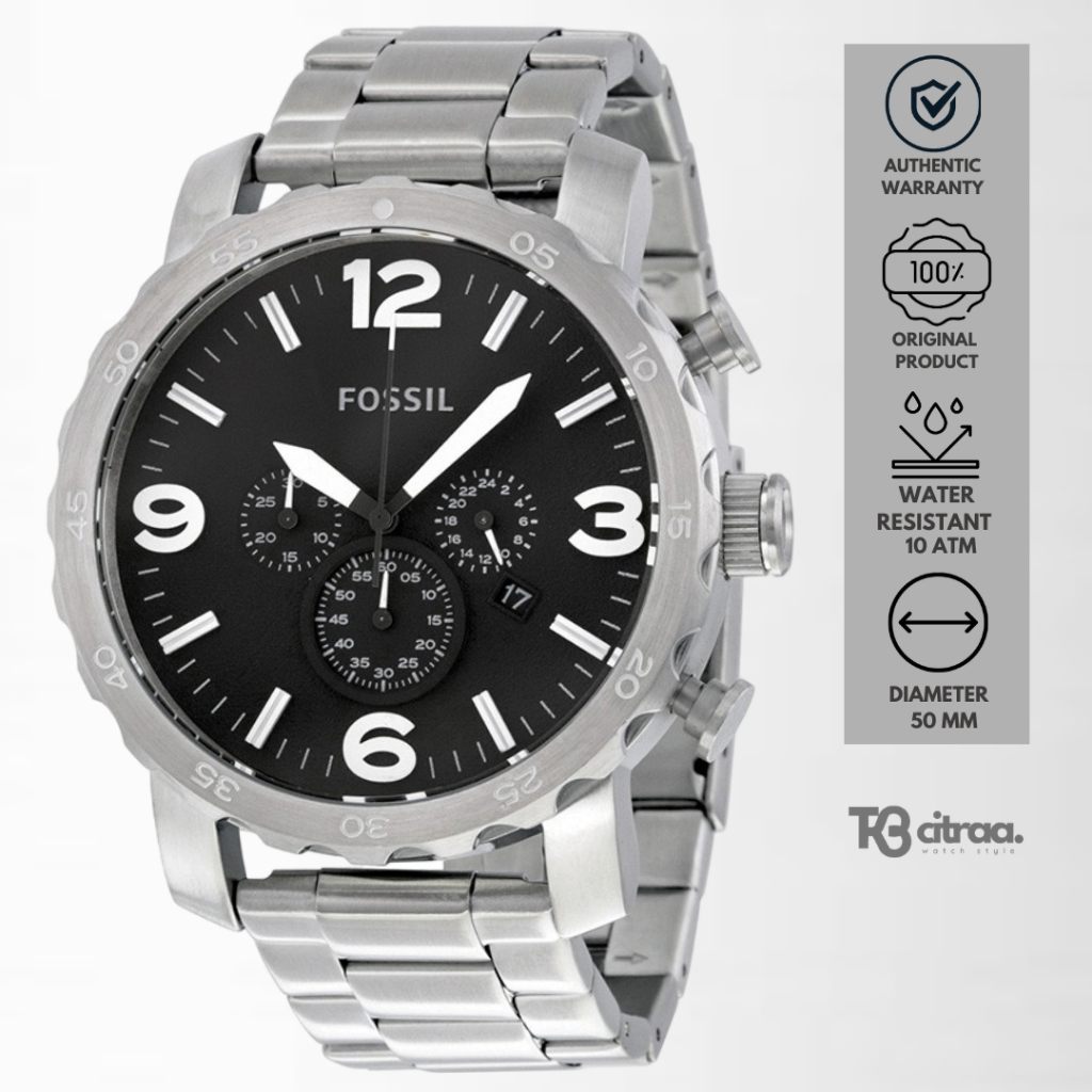 Jam Tangan Pria Fossil Nate Chronograph Silver Stainless Steel Black Dial Sporty Mewah Original JR13