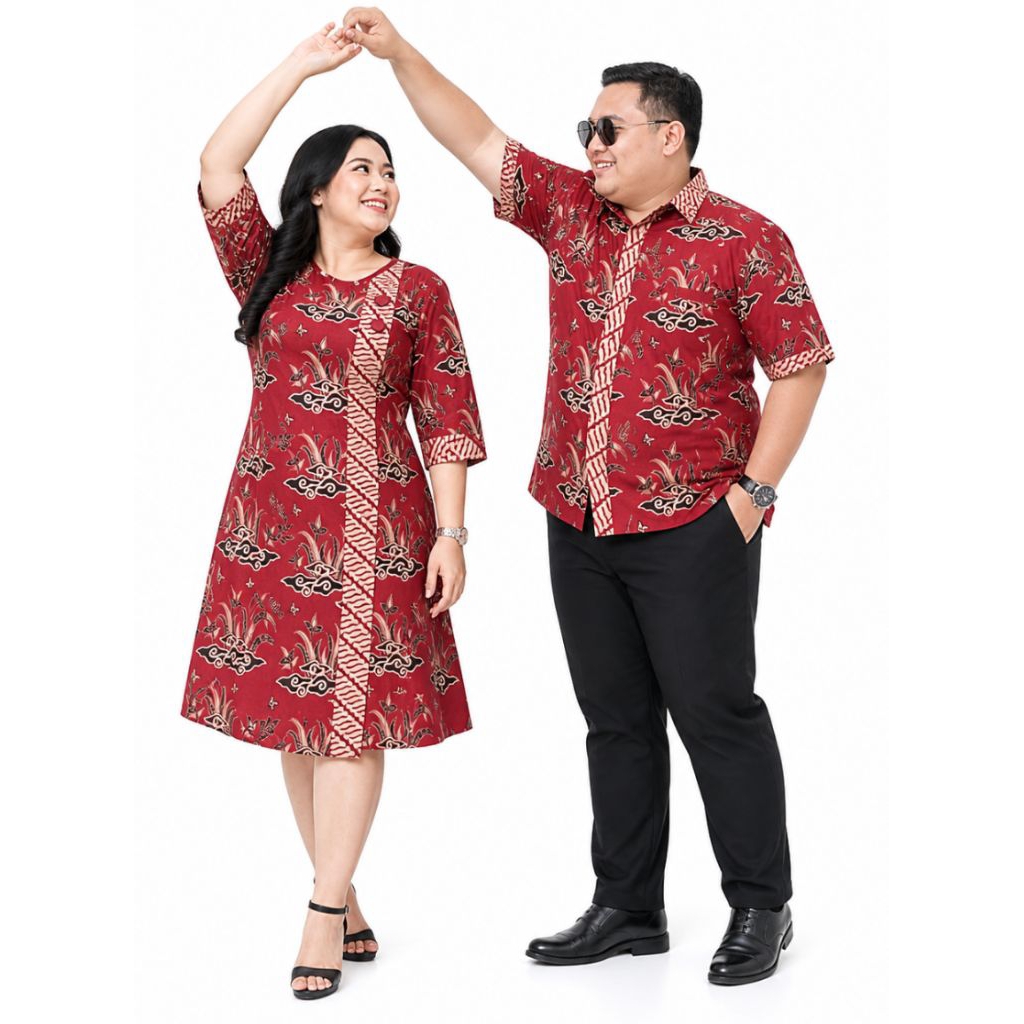 COUPLE DRESS BATIK MODERN SERAGAM DRESS BATIK SIZE STANDAR SAMPAI JUMBO SERAGAM BATIK MERAH COUPLE D
