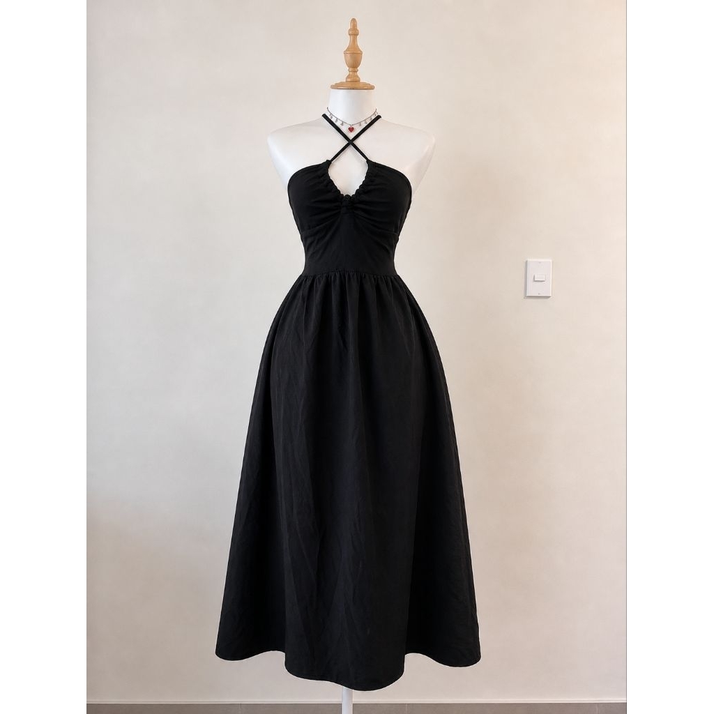 midi dress wanita hitam elegan | gaun hitam mewah