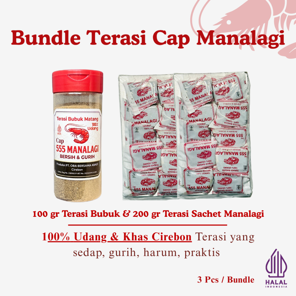 TERASI UDANG MANALAGI SACHET 2 PACK (200 gr) + TERASI BUBUK UDANG MATANG MANALAGI ASLI CIREBON (100 