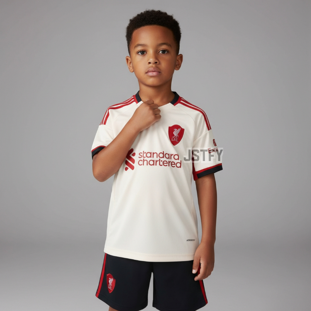 KIDS Jersey Lvrpl Away 2025 2026 Baju Bola Warna Cream Anak Patch Premier League UCL Custom Nameset 