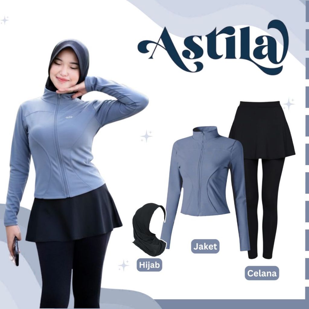 Setelan Outfit Olahraga Wanita Muslim Atasan Jaket UV - Bawahan Leging Rok - Hijab Bergo - OOTD Outf