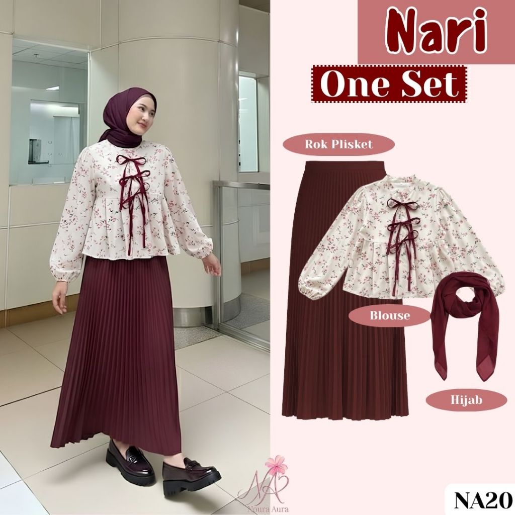 Nari One Set (Blouse Bunga Tali Depan, Rok Plisket, Hijab) 3 IN 1 OOTD Floral Korean Style Remaja Ca