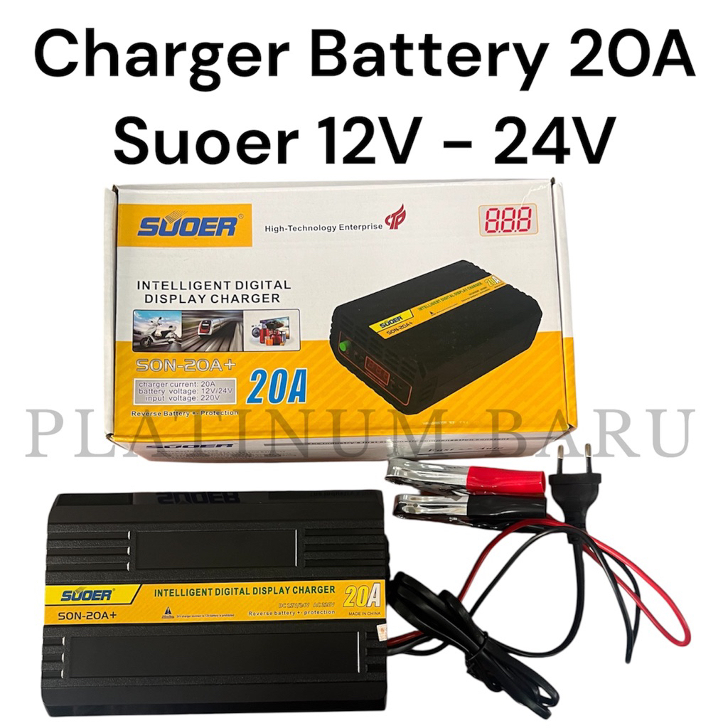 Charger Aki SUOER 20A 12V 24V Digital - Cas Aki Mobil Motor Truk Otomatis + Proteksi Lengkap - Batte