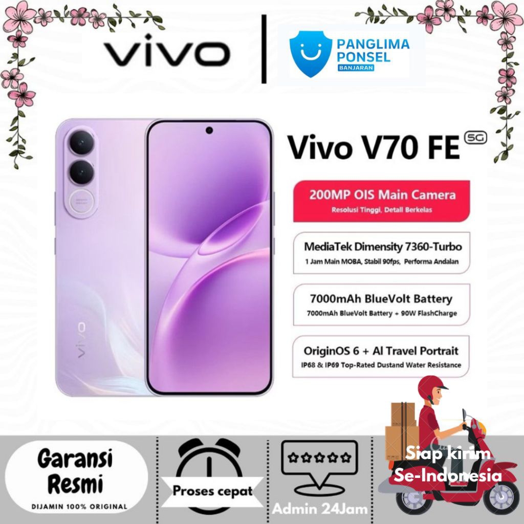 Vivo V70 FE 5G 8/256GB 12/256GB (8GB+8GB Extended RAM) Garansi Resmi HP Android Terbaru 2026 Ori