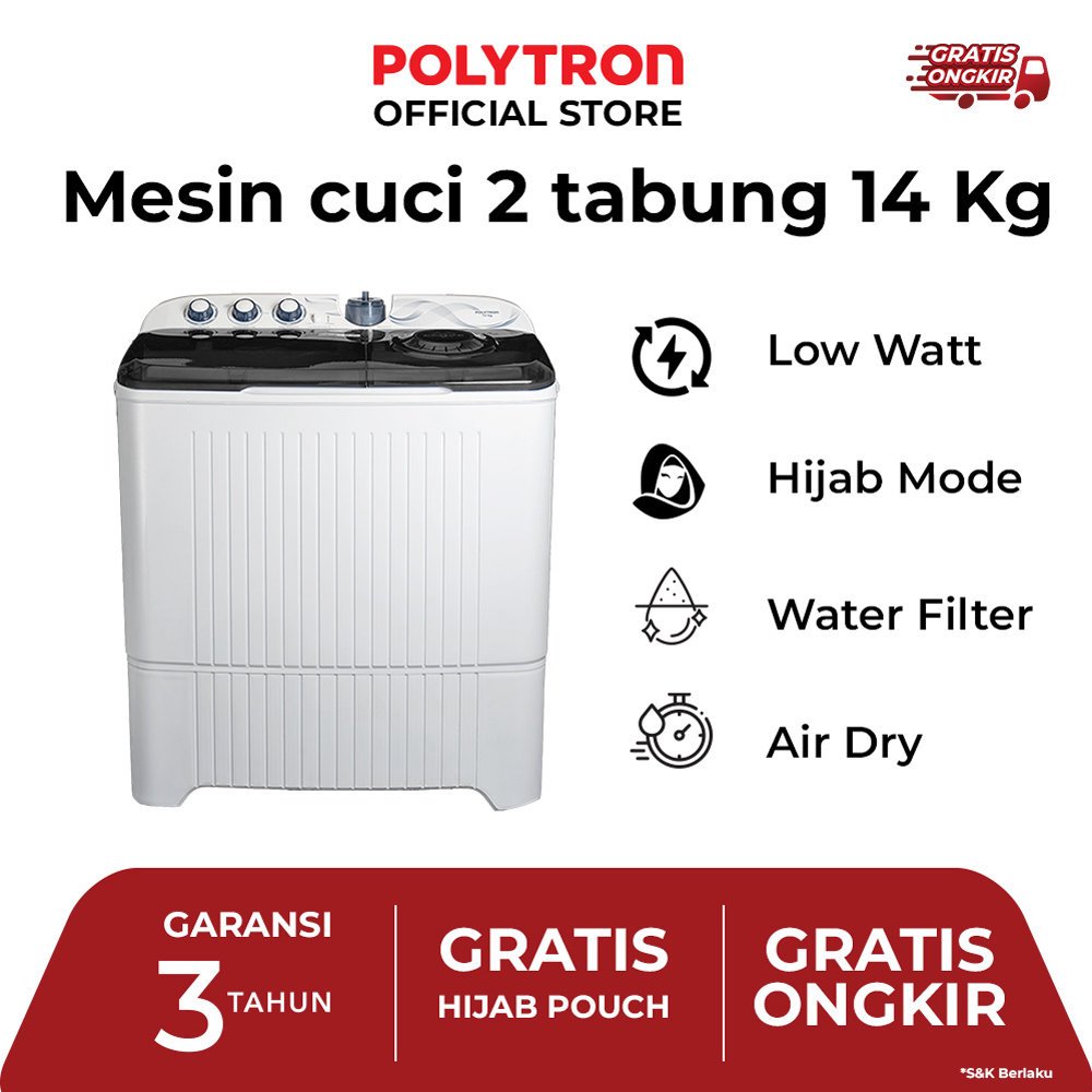 Mesin Cuci 2 Tabung POLYTRON 14Kg PWM-1403B/X Low Watt