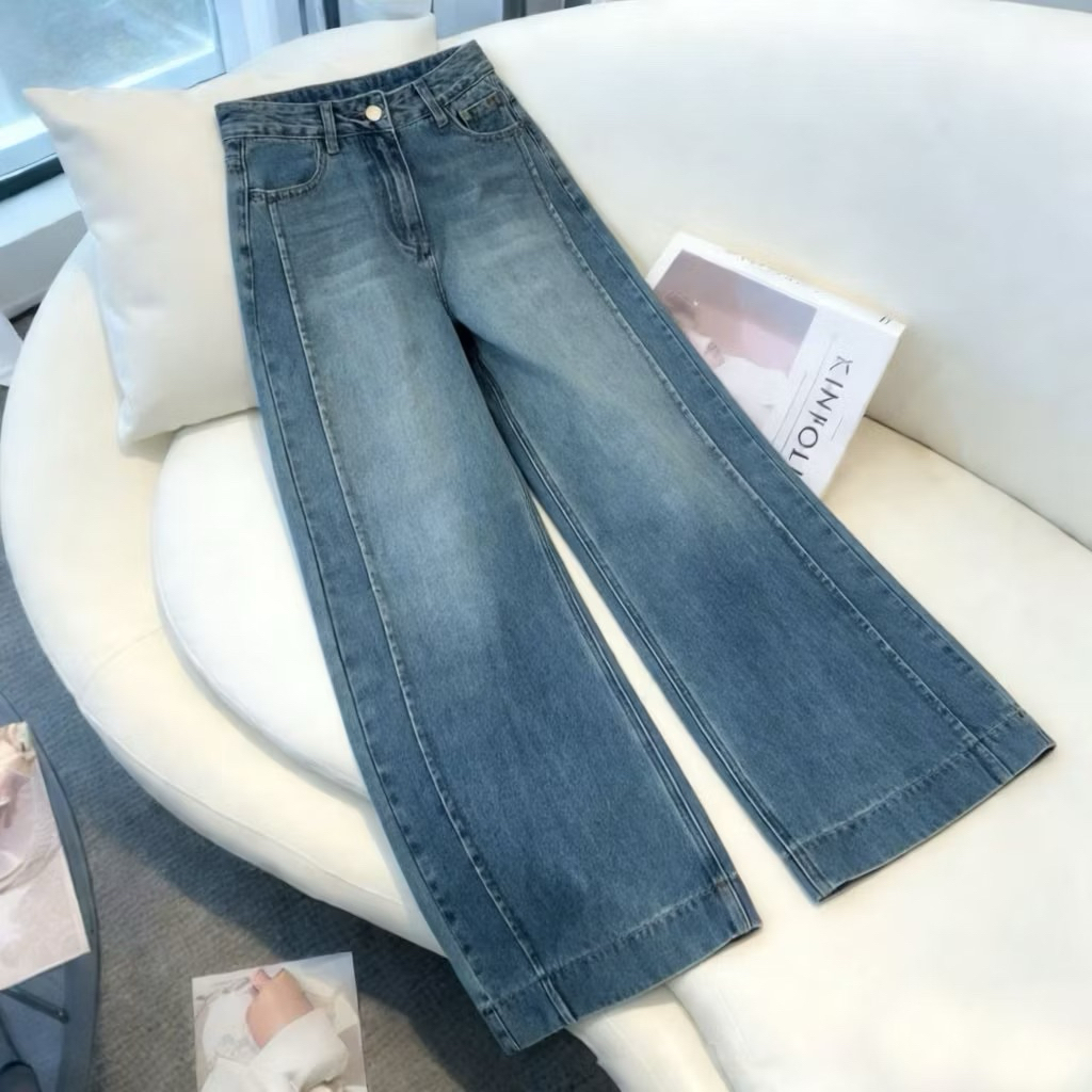 YOYO- New Biru Kekinian Highwaist Kulot Loose Celana Wide Leg Jeans Wanita Korea Style
