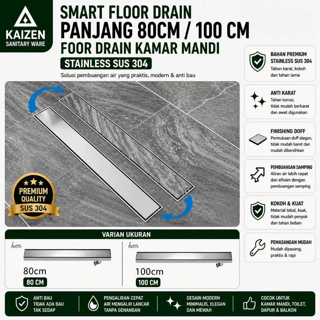 Smart Floor Drain Panjang Stainless SUS 304 / Floor Drain Panjang 80CM / 100 CM LUBANG  SAMPING