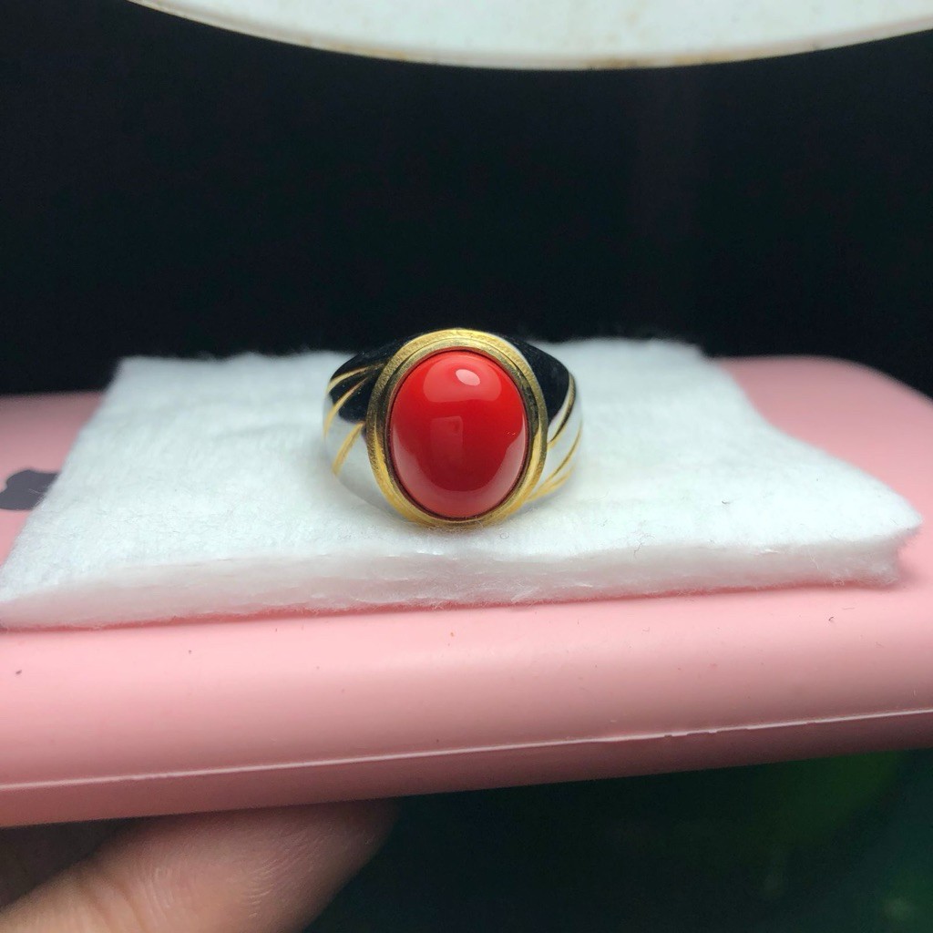 Cincin Batu Marjan Mekkah Atau Marjan Laut Merah Asli warna orange Merah