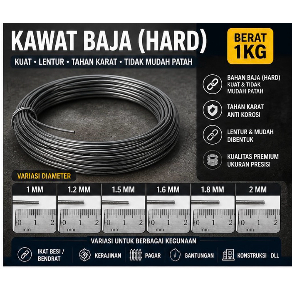 Kawat Baja Hard 1mm – 2mm / Kawat Bendrat Keras / Kawat Besi Kuat Anti Karat / 1KG