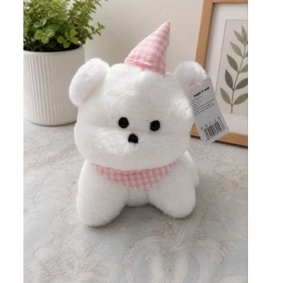 Boneka anjing lucu topi pink