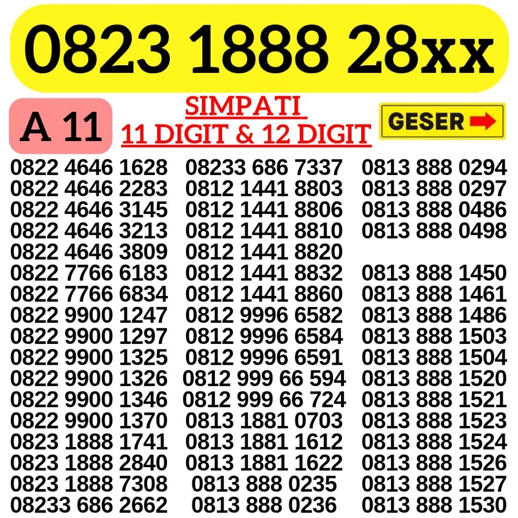 Nomor Cantik Telkomsel 11 ANGKA BONUS 3GB KUOTA Super 888 Kartu Perdana Telkomsel Tsel Red Telkomsel