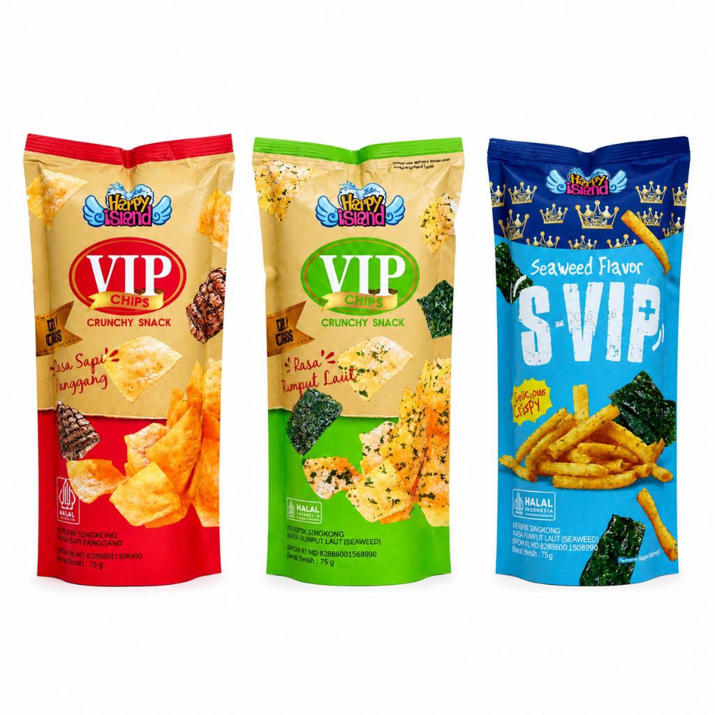 Snack VIP Chips Happy Island Crunchy Snack Sapi Panggang, Rumput Laut, Seaweed Flavor
