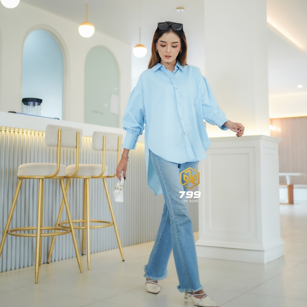 Kemeja Katun Toyobo Arab Wanita Polos Warna Biru Langit