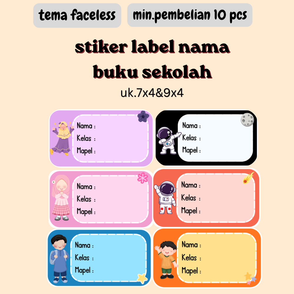 Stiker Label Nama Buku Sekolah Anak Lucu Aesthetic Faceless | Stiker Nama Waterproof Isi 10 pcs | La