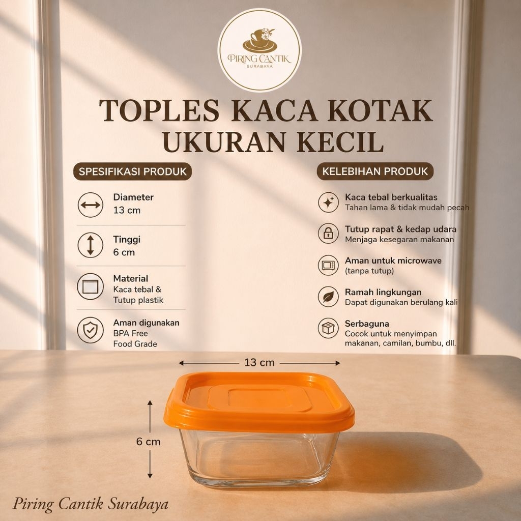 Wadah Kaca Kotak dengan Tutup Warna Orange – Ukuran Kecil| Wadah Makanan Kaca
