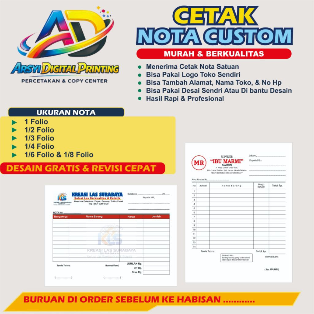 NOTA, SURAT JALAN, KWITANSI CUSTOM 1 PLY GRATIS DESAIN