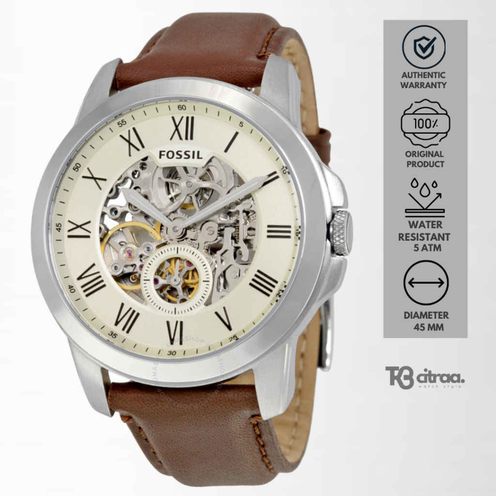 Jam Tangan Fossil Grant Automatic Pria Kulit Brown Dial Cream Casual Original ME3052