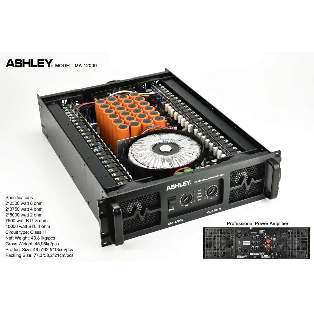 Power Amplifier Ashley MA12000 MA-12000 MA 12000 Original Class H Panel 3U 2x2500 Watt Ampli Ashley 