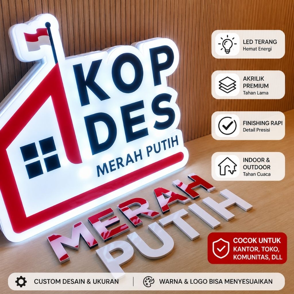 Neon Box KOPDES Merah Putih – Huruf Timbul LED Akrilik
