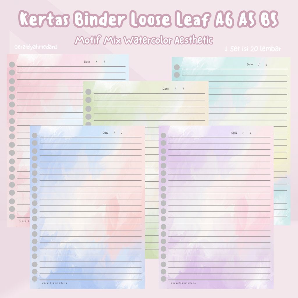Kertas Binder Loose Leaf A6 A5 B5 Motif Mix Watercolor Aesthetic