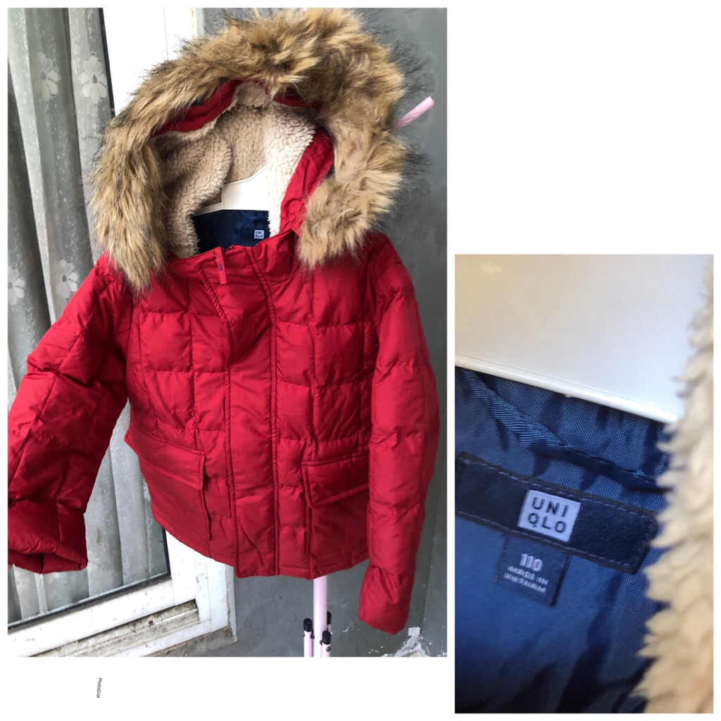 jaket hoodie anak Uniqlo sz 110 Merah bulu